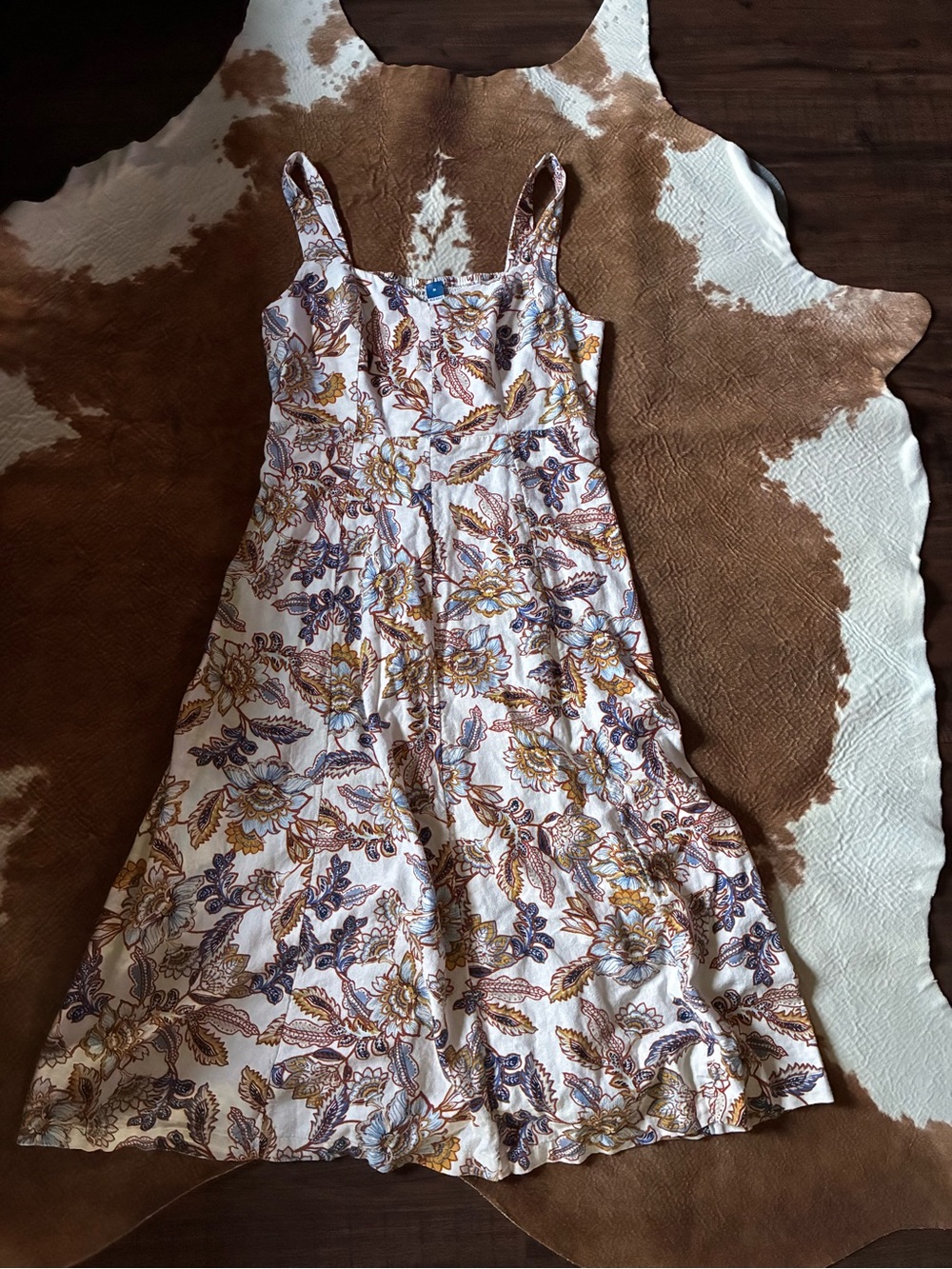 Old Navy White Midi Dress with Blue & Mustard Floral Print